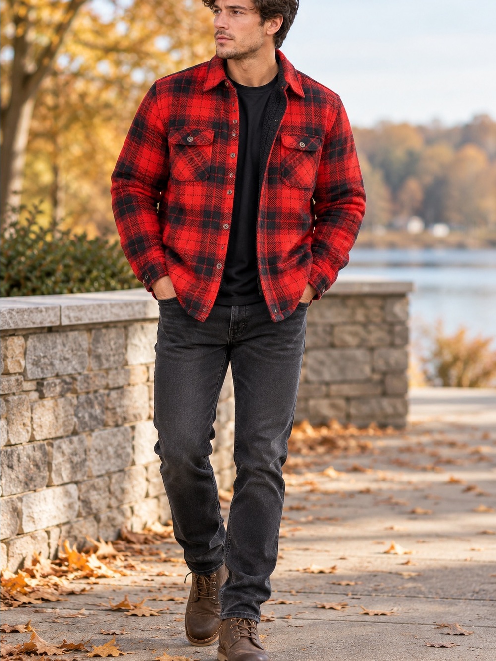 Weatherproof Mens L Red Black Buffalo Plaid Sherpa Lined Flannel Shirt Jacket